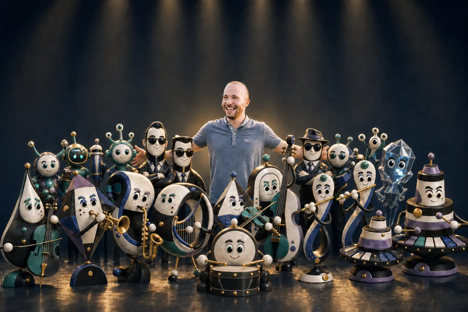 An illustrated troupe on a lit stage: musicians, characters and a robot, ready to work