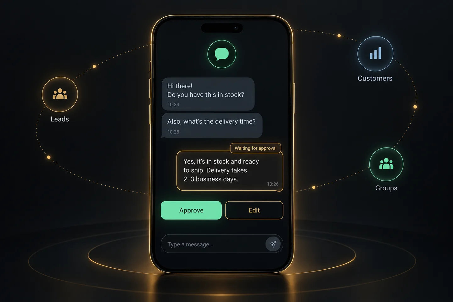 Illustration: a WhatsApp chat with the agent’s reply waiting for approval